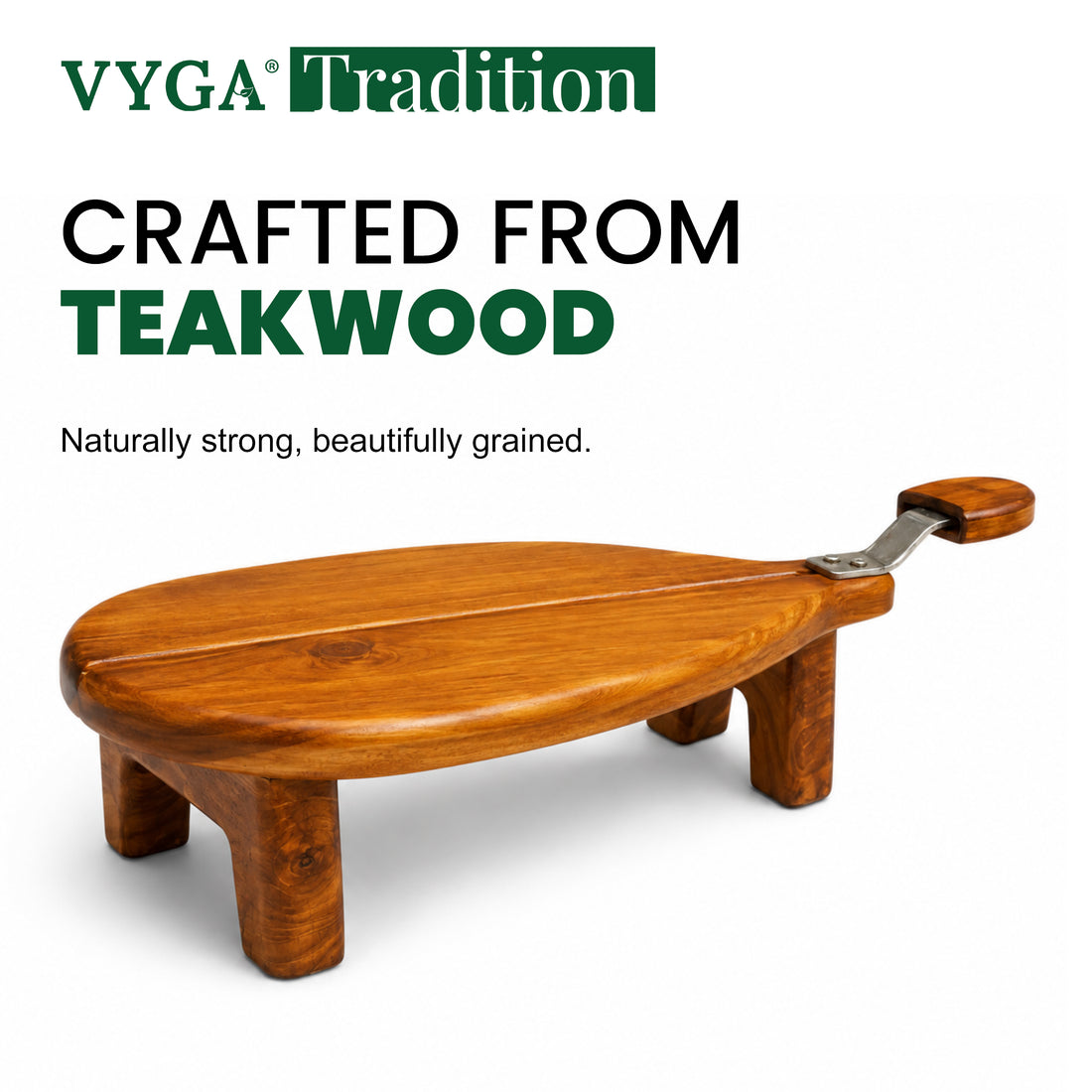 Vyga Traditional Sit-On  Teakwood Coconut Scraper | Handcrafted Wooden Coconut Grater with Stainless Steel Blade | Elevated Stable Design