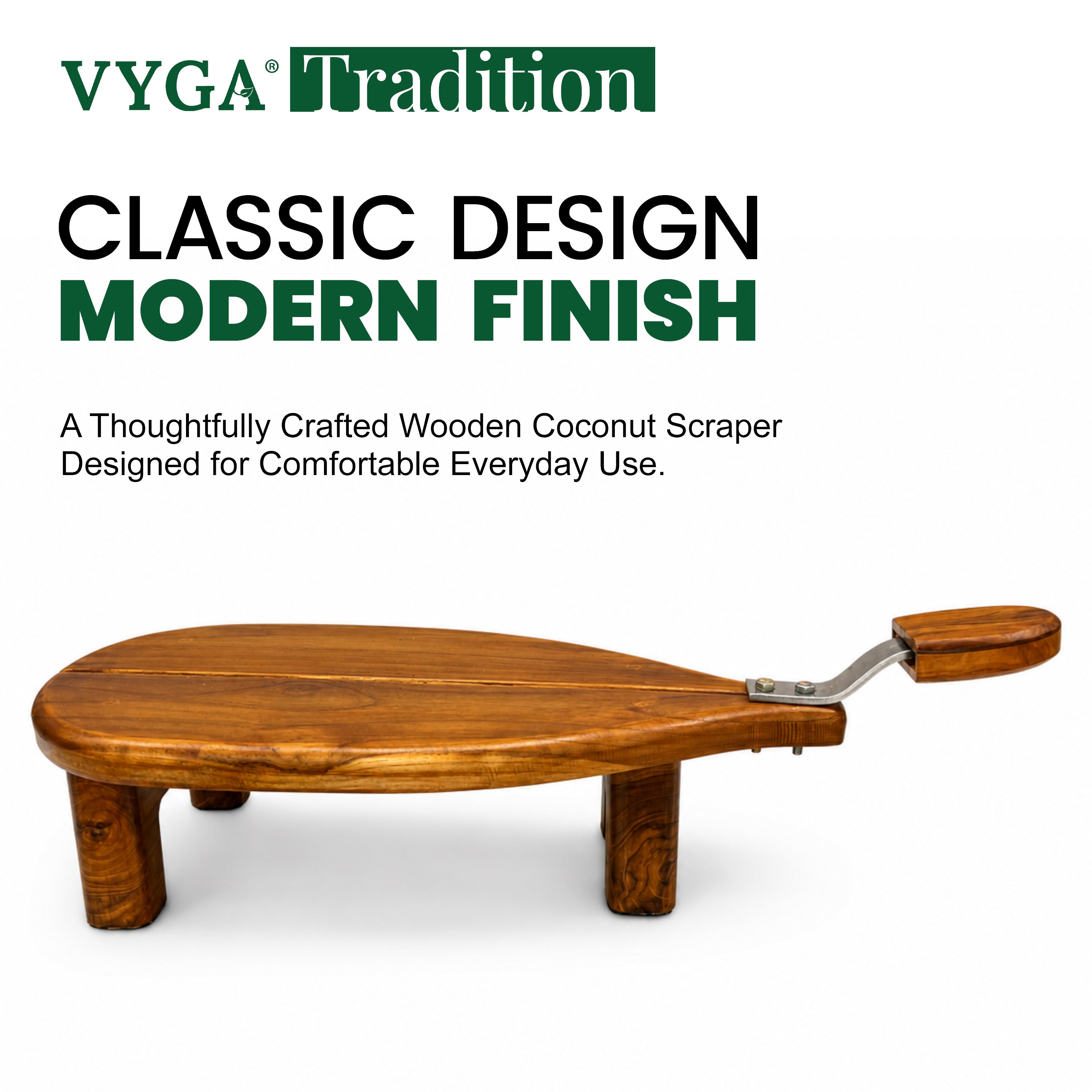Vyga Traditional Sit-On  Teakwood Coconut Scraper | Handcrafted Wooden Coconut Grater with Stainless Steel Blade | Elevated Stable Design