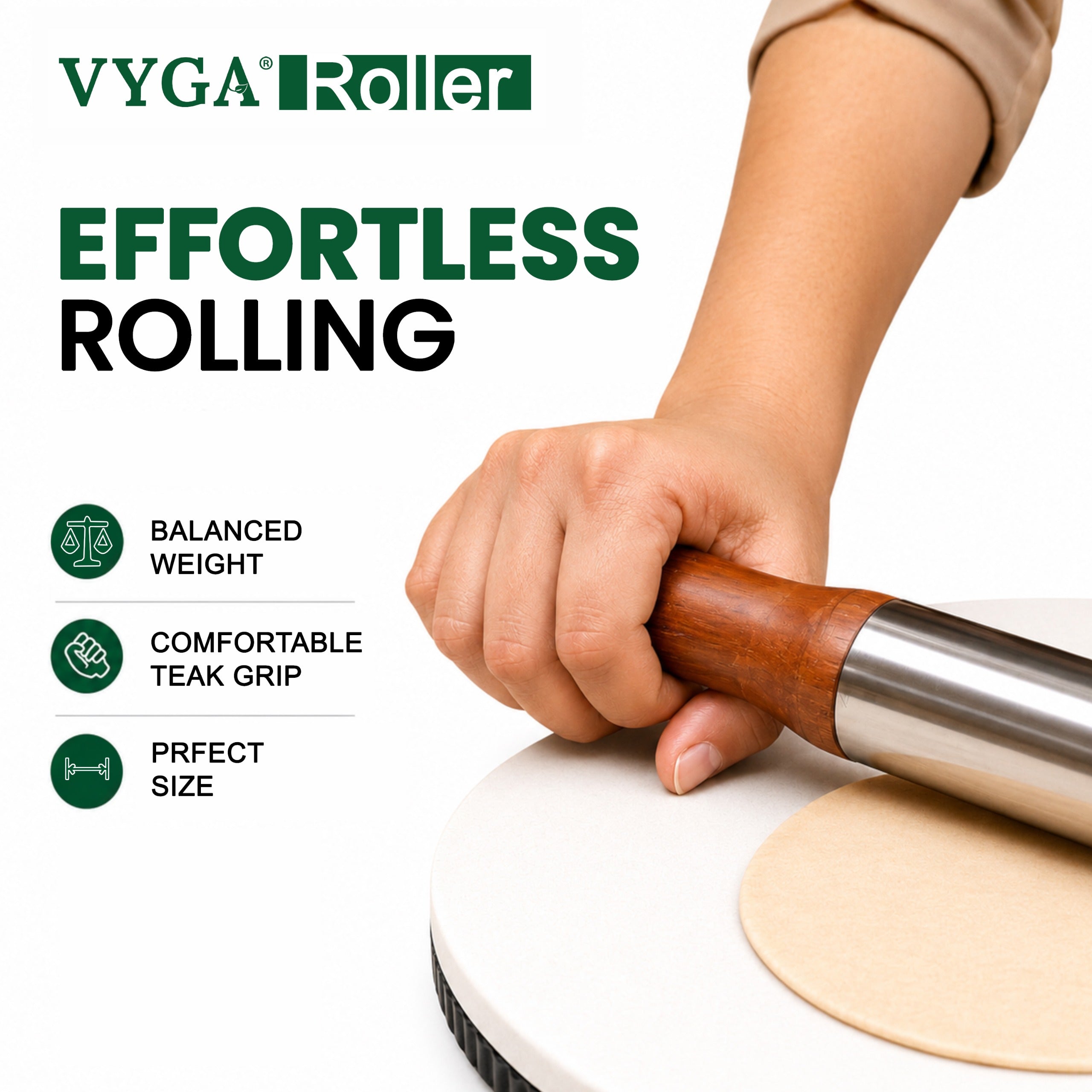 VYGA Stainless Steel Belan with Premium Teak Wood Handle