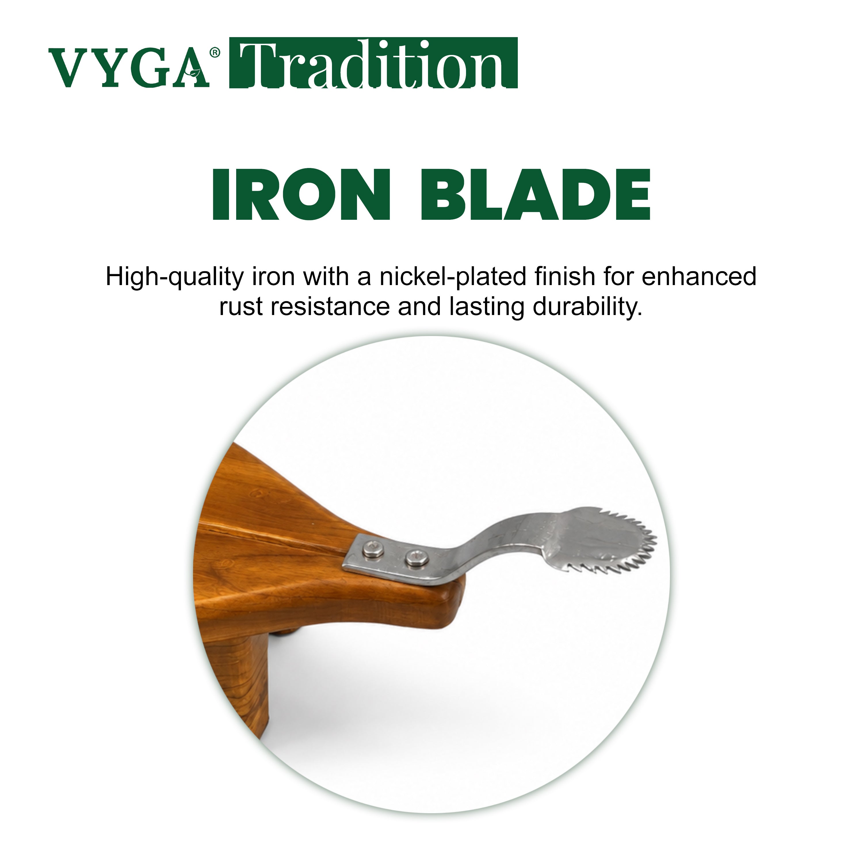 Vyga Traditional Sit-On  Teakwood Coconut Scraper | Handcrafted Wooden Coconut Grater with Stainless Steel Blade | Elevated Stable Design