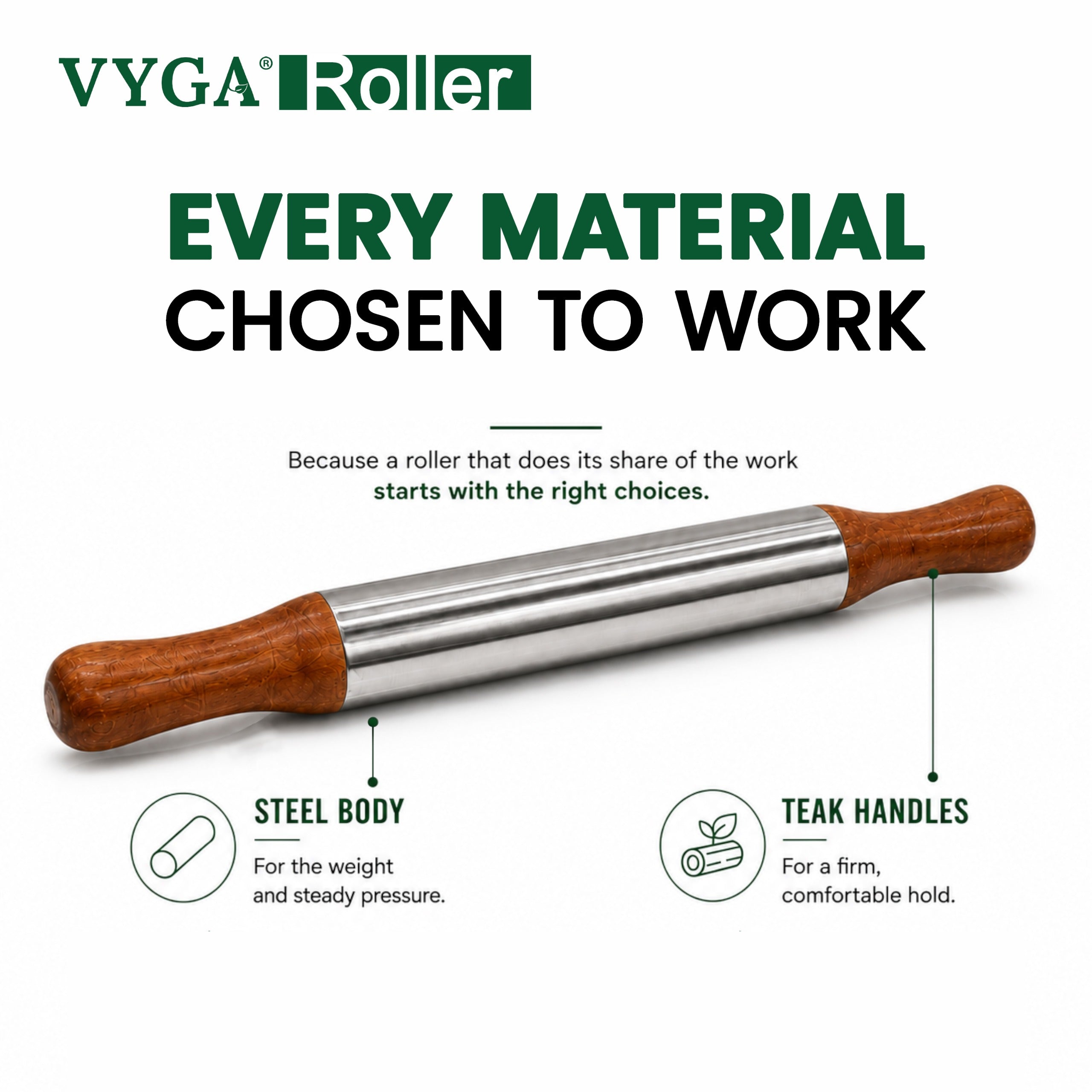 VYGA Stainless Steel Belan with Premium Teak Wood Handle