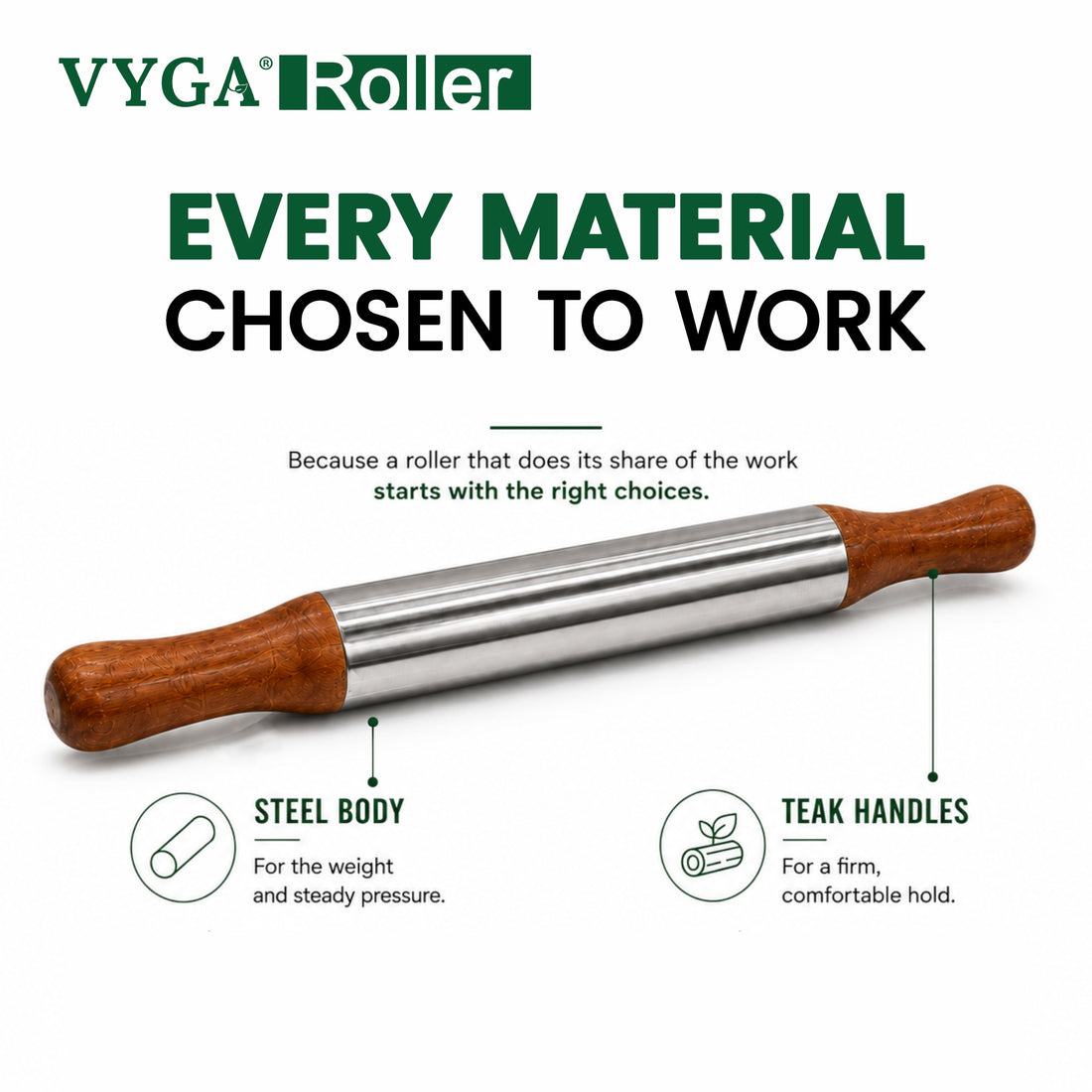 VYGA Stainless Steel Belan with Premium Teak Wood Handle