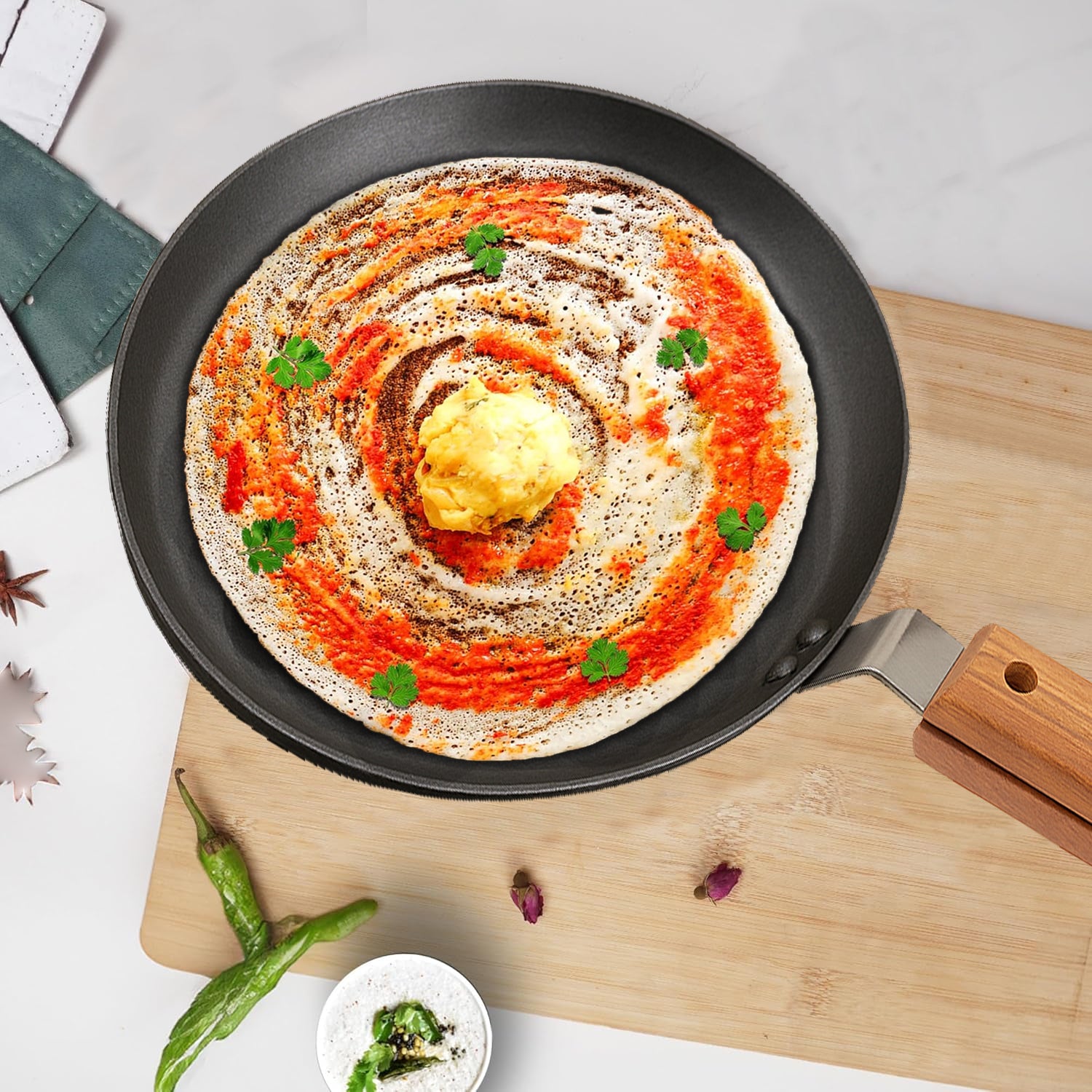 Loha Round Iron Dosa Tawa Wooden Handle